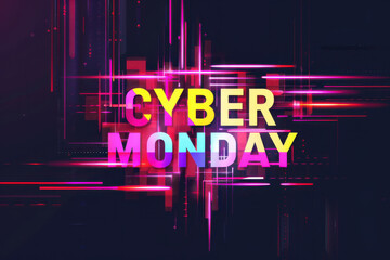 Naklejka premium Futuristic Cyber Monday sale banner with bold neon text and glitch effects on a dark background, highlighting online deals.