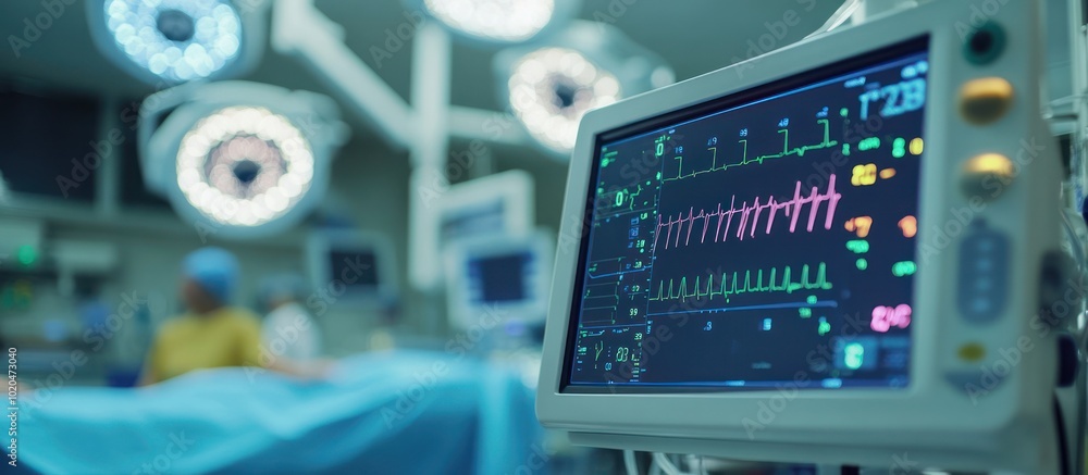 Poster close-up of a heart rate monitor in an operating room with a blurred view of a medical professional 