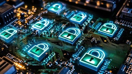 Fototapeta premium Cyber Security Concept with Glowing Padlocks on a Circuit Board