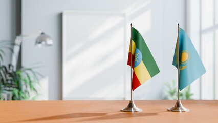 FLAGS OF ETHIOPIA AND KAZAKHASTAN ON TABLE