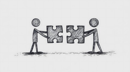 Two figures unsuccessfully attempting to connect mismatched puzzle pieces, symbolizing failed teamwork, misalignment, and barriers to collaboration
