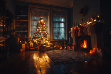 Cozy Christmas living room with a decorated tree, stockings, and gifts by the fireplace, creating a warm holiday atmosphere.