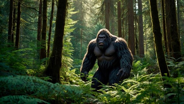 A large, muscular, ape-like Bigfoot stands in a dense forest, surrounded by tall, green trees and ferns. Sasquatch, yeti, wild man mythical creature photo illustration.	