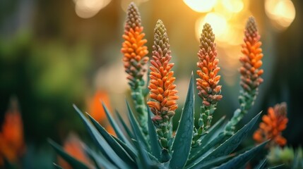 Obraz premium A beautiful plant with bright red flowers is standing tall in the foreground. The flowers are in the middle of the plant, and they are surrounded by green leaves. The sunlight is shining on the plant