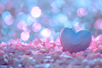 Obraz premium Glittery heart on a pastel-colored surface with a dreamy bokeh background, symbolizing love and romance, soft lighting.