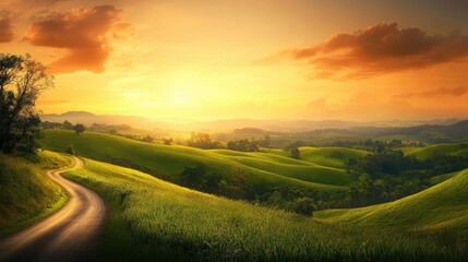Fototapeta premium A beautiful countryside scene featuring lush green hills, a winding road, and a breathtaking sunset, ideal for travel and outdoor themes