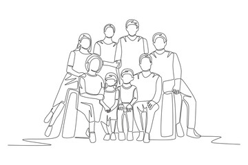 Family posing for photos. Family potrait concept one-line drawing