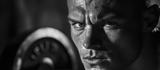 Close-up of a man's face, determined and focused, with a weight plate in the foreground.