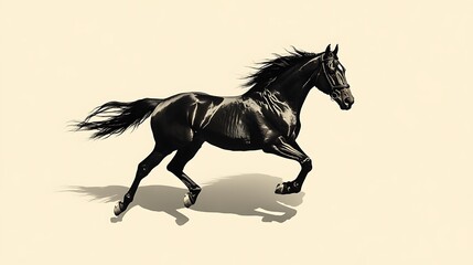 A black horse running with its mane and tail flowing in the wind, isolated on a white background.