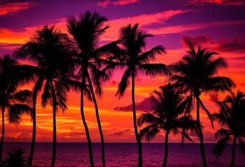 Obraz premium vibrant tropical palm trees silhouetted colorful sunset background rich shades purple sky, colors, landscape, horizon, light, warm, scenic, exotic, beauty