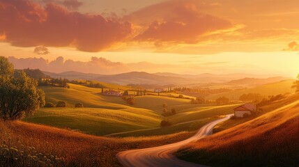 Fototapeta premium A picturesque countryside with rolling hills, a curving road, and a glowing sunset, capturing the beauty of rural landscapes