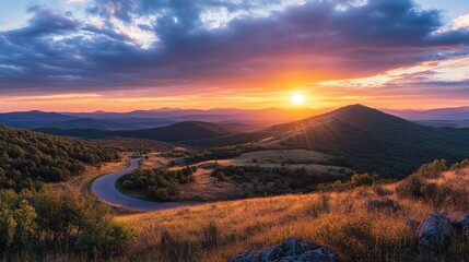 A picturesque landscape with rolling hills and a curving road, set against a beautiful sunset sky, perfect for outdoor and travel photography