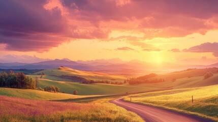 Fototapeta premium A scenic countryside landscape featuring rolling hills, a winding road, and a vibrant sunset, ideal for nature and travel themes