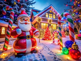 Festive Christmas Front Yard Decor with Candy Canes and Inflatable Santa Claus