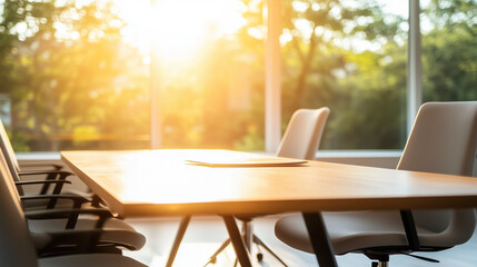 Fototapeta premium A bright, contemporary office with a rectangular meeting table surrounded by ergonomic chairs. The CEOÃ¢ÂÂs desk is positioned near a large glass window, allowing plenty of sunlight t