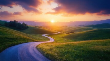 A scenic countryside landscape with rolling hills, a meandering road, and a dramatic sunset, perfect for outdoor travel visuals