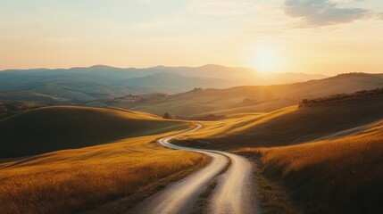 A scenic countryside with rolling hills, a winding road, and a warm sunset, perfect for travel and outdoor photography themes