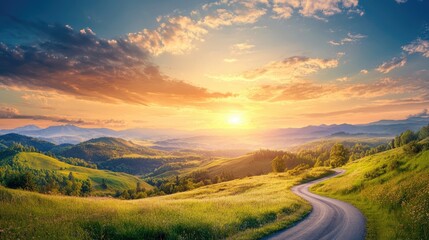 A scenic landscape of rolling hills and a curving road, illuminated by a glowing sunset, perfect for travel and nature photography