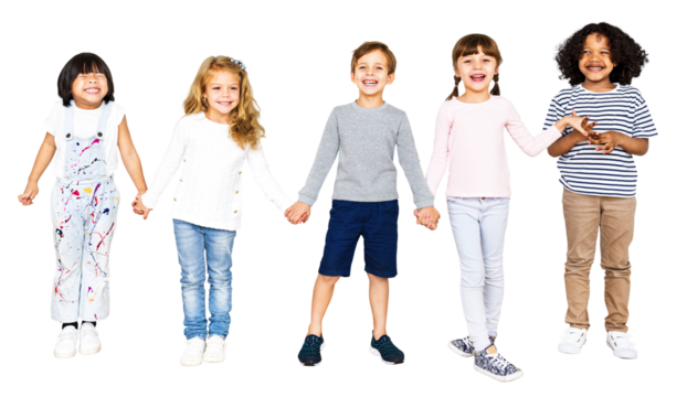 Png cheerful kids holding hands, transparent background