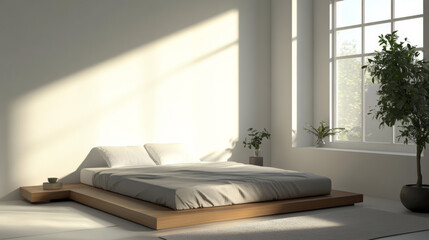 Embrace Minimalism: A Serene Bedroom Design with Natural Light, Modern Furnishings, and Tranquil Greenery for a Peaceful Retreat