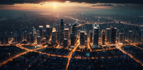 Modern city with wireless network connection and city scape concept.Wireless network and Connection technology concept with city background at night.