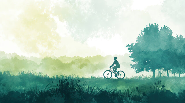 Fahrradfahrer im Morgenlicht &ndash; Energie und Freiheit in der Natur als Aquarell Illustration mit Textfreiraum