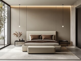 Minimalist bedroom with a bed, rug, and lamps.