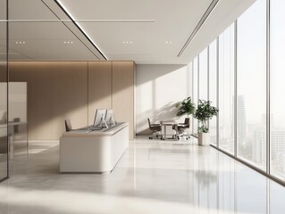 Modern office space with a reception desk and city views.