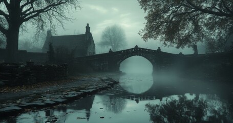 Stone Bridge Over Foggy Canal in Front of a Stone Cottage