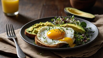 Plate with tasty fried egg, avocado and toasts