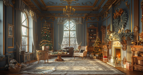 Fototapeta premium Elegant Christmas Decor in Luxurious Living Room