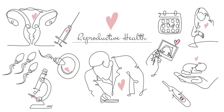Reproductive health set in oneline style. Continuous line drawing of Reproductive and pregnancy icons. Reproductive technology or vitro fertilization