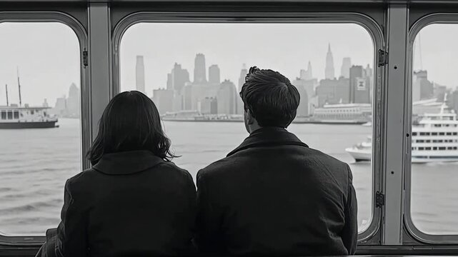 A couple sits on a ferry, gazing out at the New York City skyline. The image is in black and white, creating a timeless and romantic atmosphere.