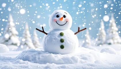 Fototapeta premium Cheerful snowman in snowy landscape on bright day, winter holiday greeting card