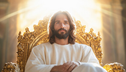 Jesus christ sitting on a throne in heaven looking upwards