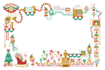 Obraz premium Christmas template Factory Santa Claus, elves read letters, pack gifts, toys for children. Hand-drawn vector cartoon illustration in retro style, fantasy mechanisms and conveyors. white background.