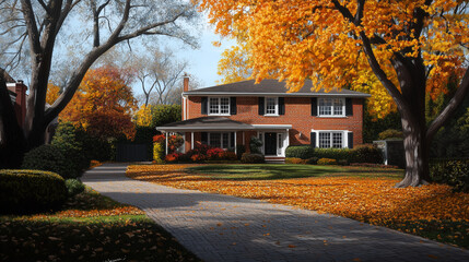 Naklejka premium A picturesque backyard scene, where a brick-and-wood suburban home is surrounded by colorful autumn trees. The garden is alive with shades of amber, crimson, and gold, creating a s