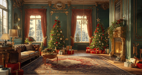 Fototapeta premium Ornate Christmas Living Room Decorated with Trees