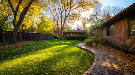 A beautiful autumn garden surrounds a suburban home with brick and wood walls. The backyard is filled with trees in their peak fall colors, casting a warm, golden light over the gr