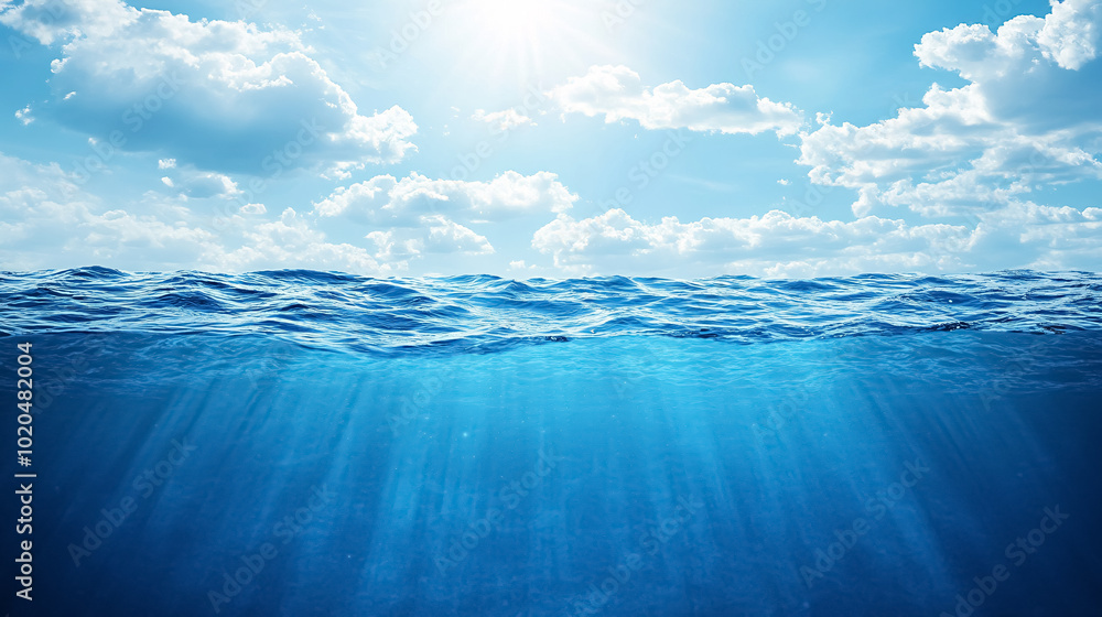 Wall mural blue sea or ocean water surface and underwater with sunny and cloudy sky: a split view featuring the