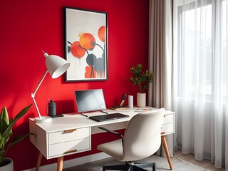 A modern home office with a white desk and chair against a vibrant red wall. The desk features a laptop, desk lamp, plant, and art supplies. A large abstract painting hangs above the desk