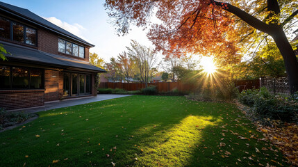 A warm, inviting suburban backyard with a brick-and-wood home and a garden full of autumn splendor. The trees, with their red and golden leaves, create a natural canopy over the ya