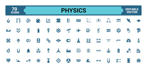 Physics solid icons set. Relatate to atom, brain and more, Filled icon collection, Glyph symbol for web and ui. Editable and pixel perfect, Vector illustration. © Rubbble