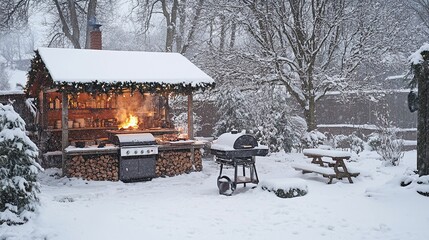 snow-covered garden BBQ in the winter Christmas season, with a cozy and festive setting for outdoor food preparation, grilling amidst chilly weather with family and friends by the fire