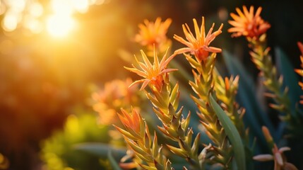 A beautiful plant with bright red flowers is standing tall in the foreground. The flowers are in the middle of the plant, and they are surrounded by green leaves. The sunlight is shining on the plant