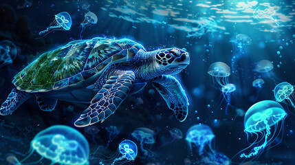 Obraz premium Neon Sea turtle in the sea underwater