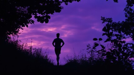 Silhouette of a man running in the forest at sunset.