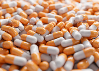Close up on pile of medical capsules. 3D render image suitable for pharmaceutical industry