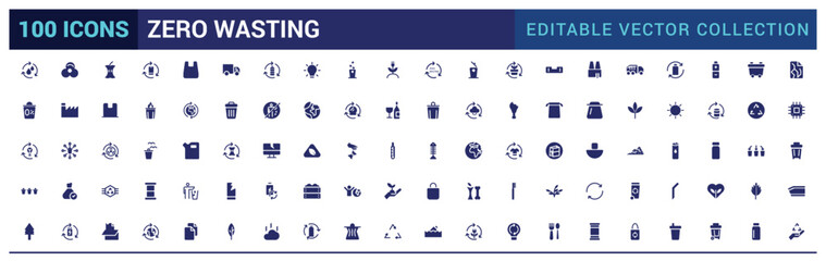 Zero wasting filled icons set. solid symbols isolated on white background. Recycling, Filled sign pack, Glyph symbol for web and ui. Editable and pixel perfect.