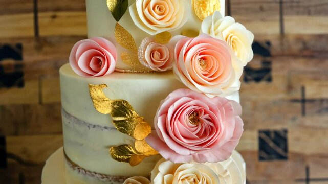 Cascading sugar flowers and gold leaf accents on an elegant wedding cake